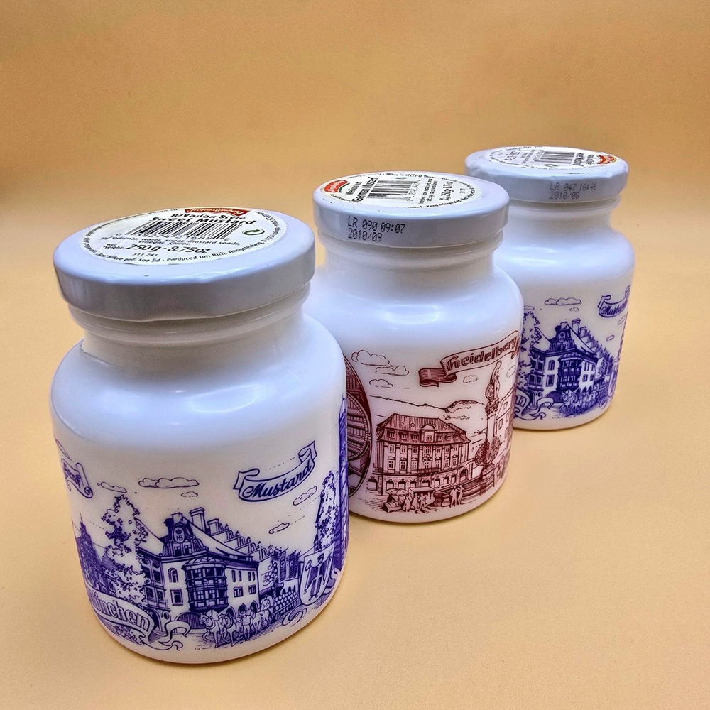 Hengstenberg German Empty Milk Glass Jars‎ Mustard Heidelberg Bavarian Lot 3